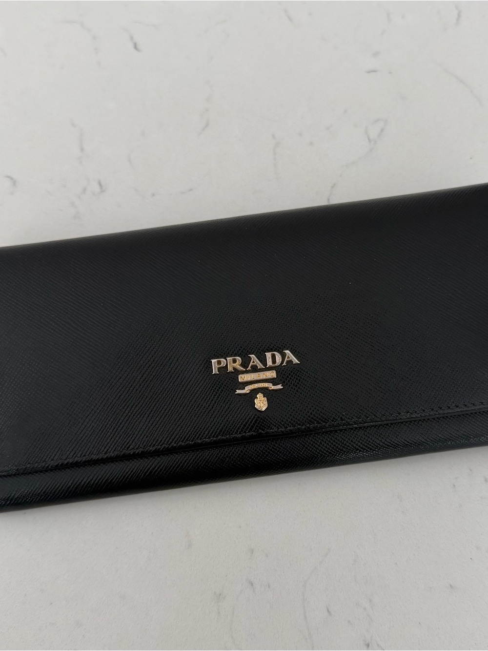 Prada Black Saffiano Continental Wallet with Gold Emblem